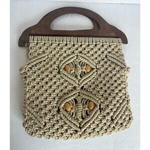 Handmade Ivory/Brown Boho Crochet Knit Macrame Beaded Wooden Handles Bag Purse